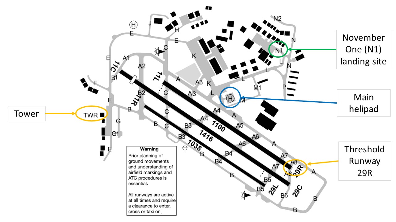 Figure 2:Bankstown Airport showing the N1 taxiway used as a landing site for a November One arrival (green)